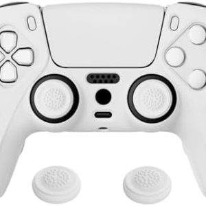eXtremeRate PlayVital Guardian Edition White Ergonomic Soft Anti-Slip Controller Silicone Case Cover for ps5, Rubber Protector Skins with White Joystick Caps for ps5 Controller